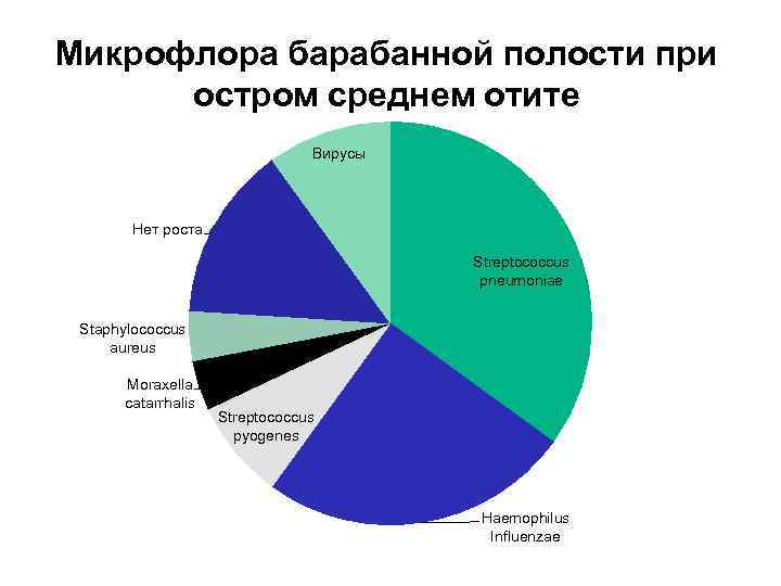 Микрофлора барабанной полости при остром среднем отите Вирусы Нет роста Streptococcus pneumoniae Staphylococcus aureus