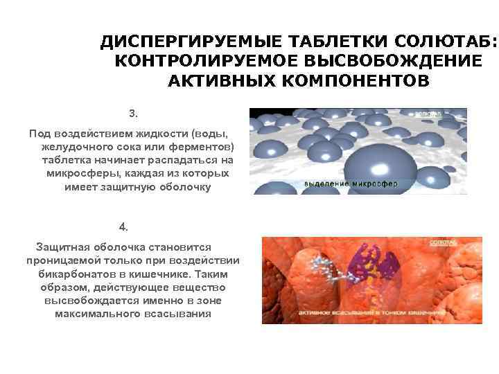 ДИСПЕРГИРУЕМЫЕ ТАБЛЕТКИ СОЛЮТАБ: КОНТРОЛИРУЕМОЕ ВЫСВОБОЖДЕНИЕ АКТИВНЫХ КОМПОНЕНТОВ 3. Под воздействием жидкости (воды, желудочного сока