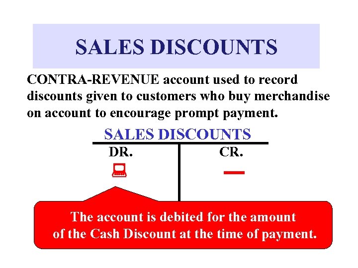 SALES DISCOUNTS CONTRA-REVENUE account used to record discounts given to customers who buy merchandise