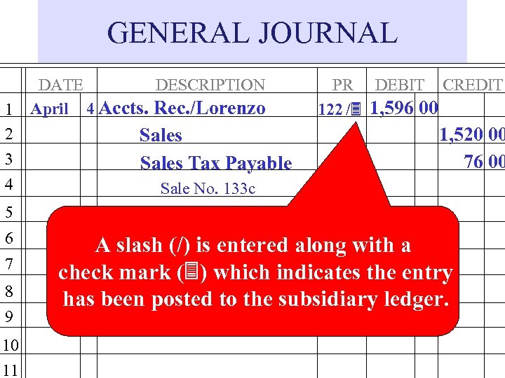 GENERAL JOURNAL 1 2 3 4 DATE DESCRIPTION April 4 Accts. Rec. /Lorenzo Sales