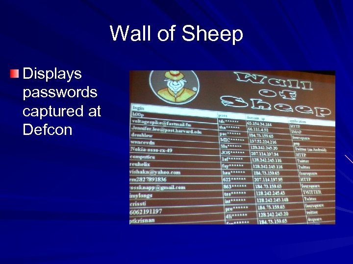 Wall of Sheep Displays passwords captured at Defcon 