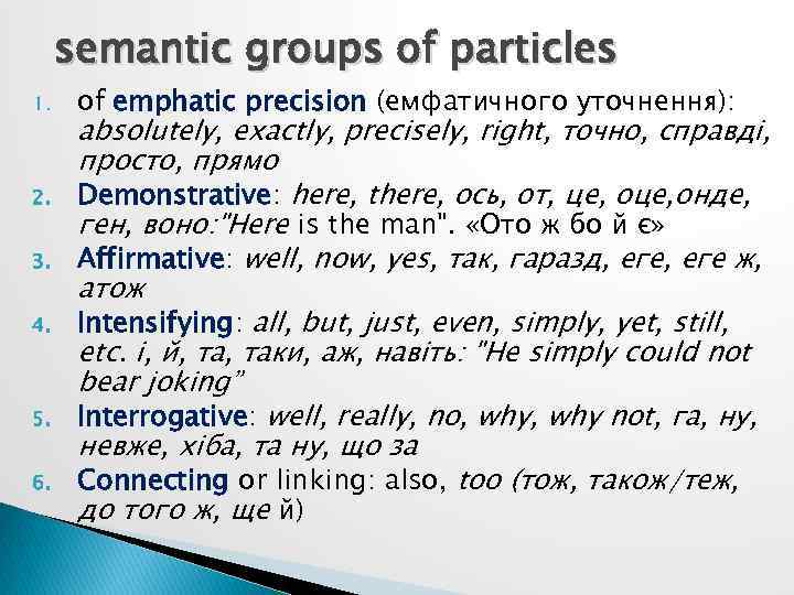 semantic groups of particles 1. 2. 3. 4. 5. 6. of emphatic precision (емфатичного