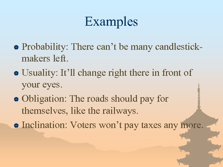 Examples Probability: There can’t be many candlestickmakers left. | Usuality: It’ll change right there