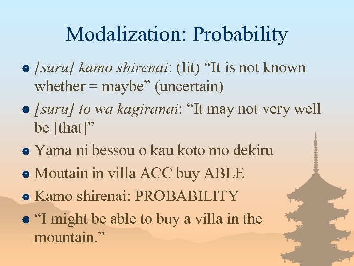 Modalization: Probability [suru] kamo shirenai: (lit) “It is not known whether = maybe” (uncertain)