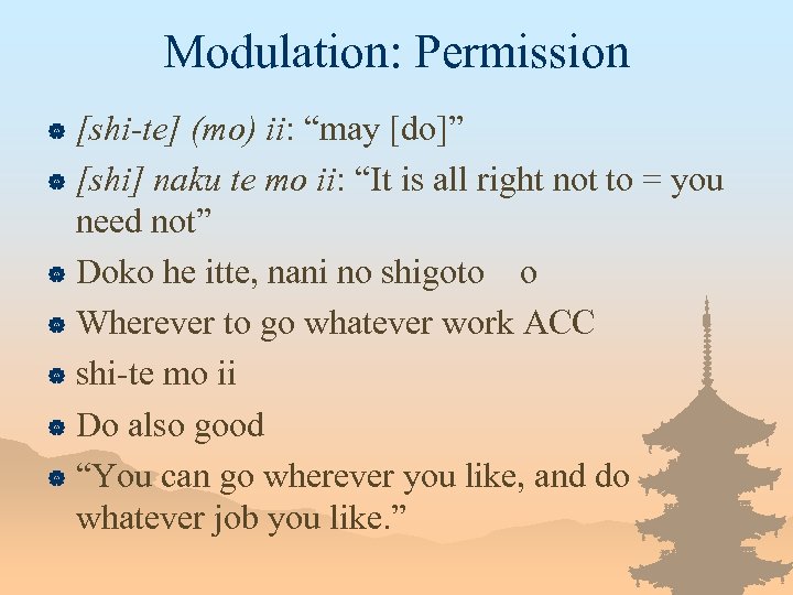 Modulation: Permission [shi-te] (mo) ii: “may [do]” | [shi] naku te mo ii: “It