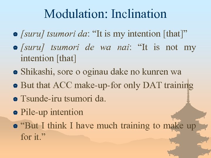 Modulation: Inclination [suru] tsumori da: “It is my intention [that]” | [suru] tsumori de