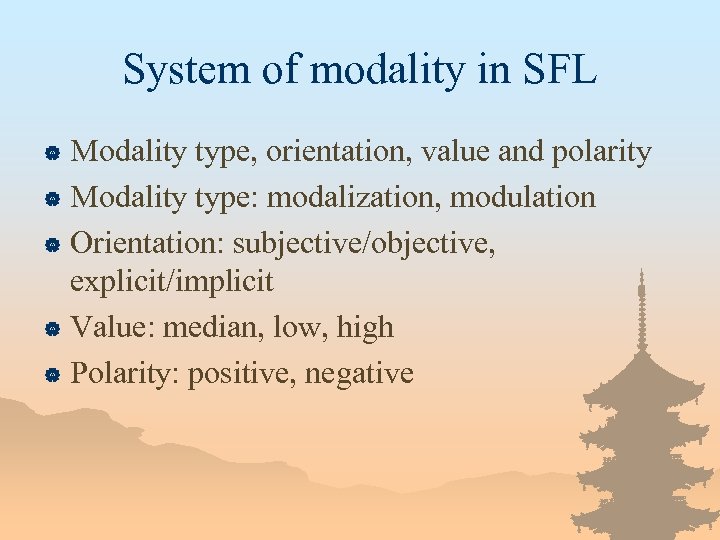 System of modality in SFL Modality type, orientation, value and polarity | Modality type: