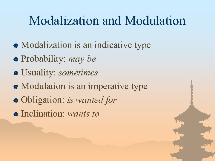 Modalization and Modulation Modalization is an indicative type | Probability: may be | Usuality: