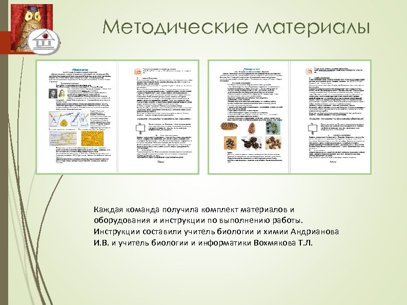 Методические материалы Каждая команда получила комплект материалов и оборудования и инструкции по выполнению работы.