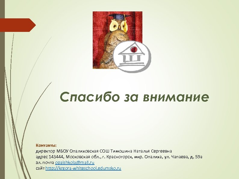 Спасибо за внимание Контакты: директор МБОУ Опалиховская СОШ Тимошина Наталья Сергеевна адрес 143444, Московская
