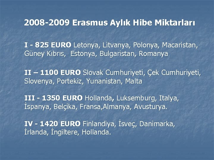  2008 -2009 Erasmus Aylık Hibe Miktarları I - 825 EURO Letonya, Litvanya, Polonya,