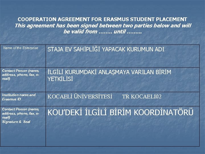 COOPERATION AGREEMENT FOR ERASMUS STUDENT PLACEMENT This agreement has been signed between two parties