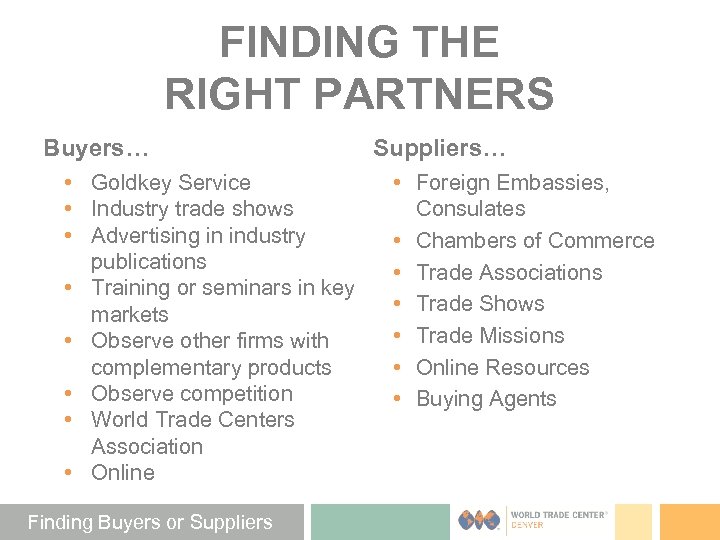 FINDING THE RIGHT PARTNERS Buyers… • Goldkey Service • Industry trade shows • Advertising