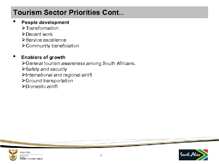 Tourism Sector Priorities Cont… • People development ØTransformation ØDecent work ØService excellence ØCommunity beneficiation