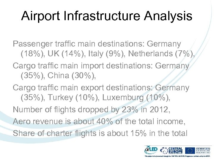 Airport Infrastructure Analysis Passenger traffic main destinations: Germany (18%), UK (14%), Italy (9%), Netherlands