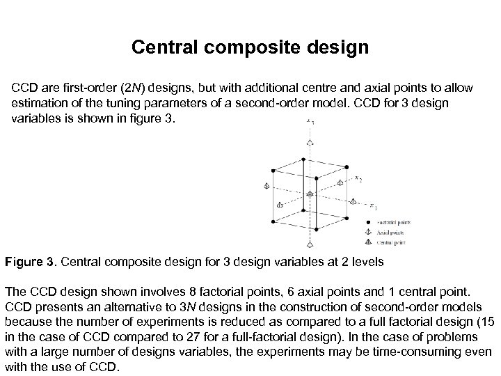Central composite design CCD are first-order (2 N) designs, but with additional centre and