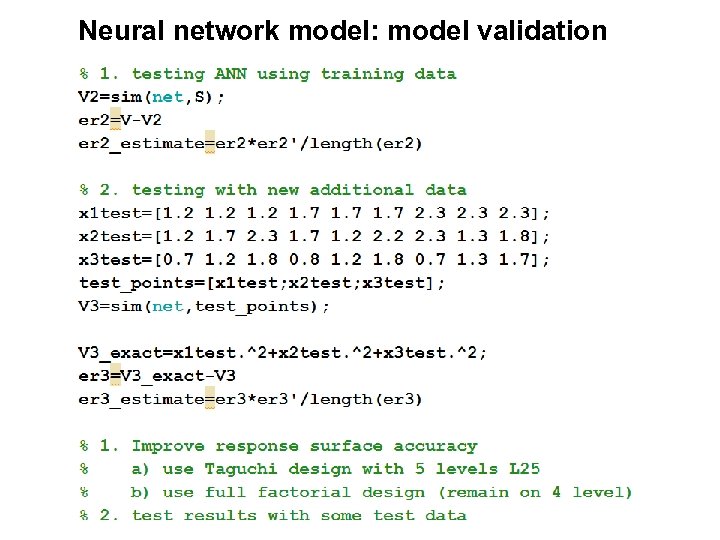 Neural network model: model validation 