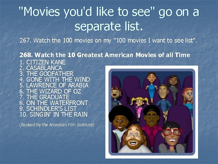 "Movies you'd like to see" go on a separate list. 267. Watch the 100