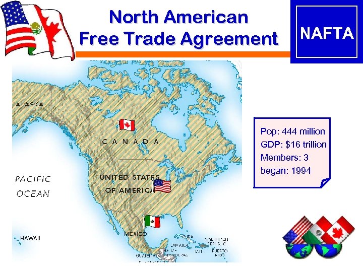 North American Free Trade Agreement NAFTA Pop: 444 million GDP: $16 trillion Members: 3