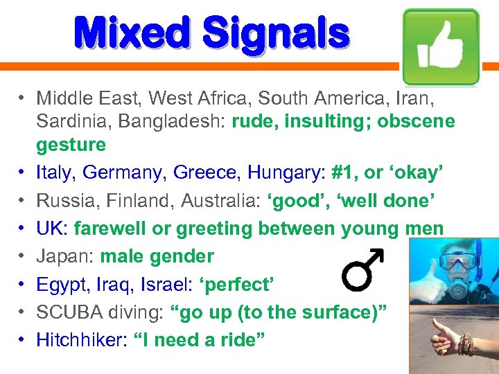 Mixed Signals • Middle East, West Africa, South America, Iran, Sardinia, Bangladesh: rude, insulting;