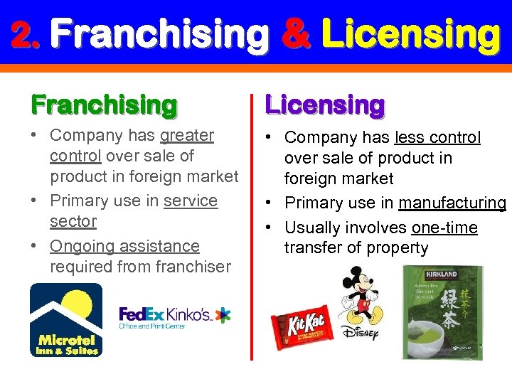 2. Franchising & Licensing Franchising Licensing • Company has greater control over sale of