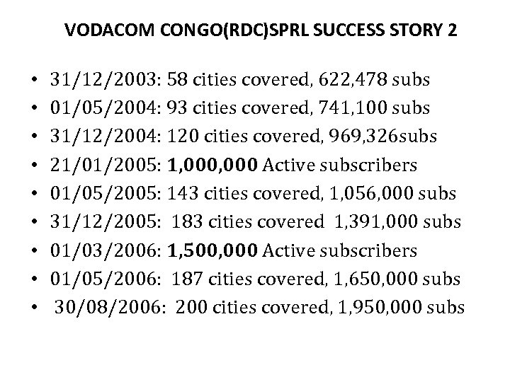 VODACOM CONGO(RDC)SPRL SUCCESS STORY 2 • • • 31/12/2003: 58 cities covered, 622, 478