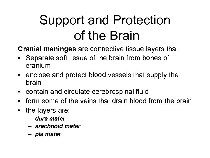 Support and Protection of the Brain Cranial meninges are connective tissue layers that: •