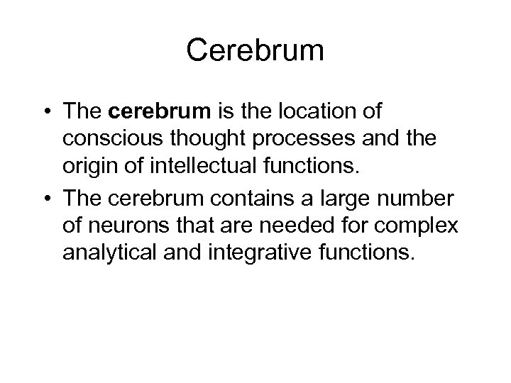 Cerebrum • The cerebrum is the location of conscious thought processes and the origin