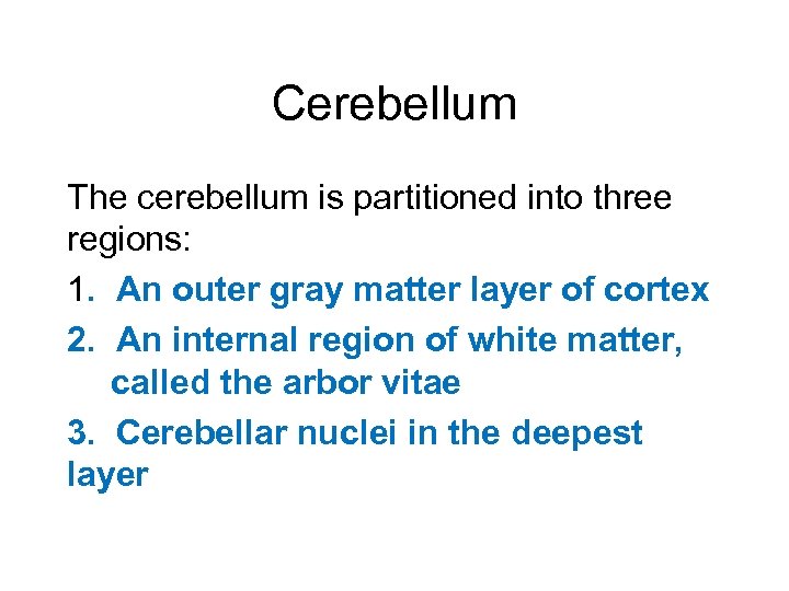 Cerebellum The cerebellum is partitioned into three regions: 1. An outer gray matter layer
