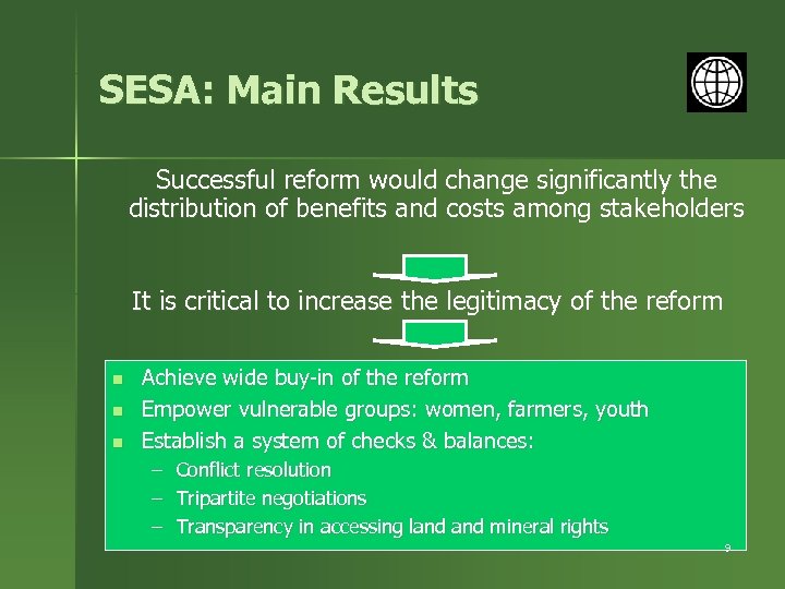 SESA: Main Results Successful reform would change significantly the distribution of benefits and costs