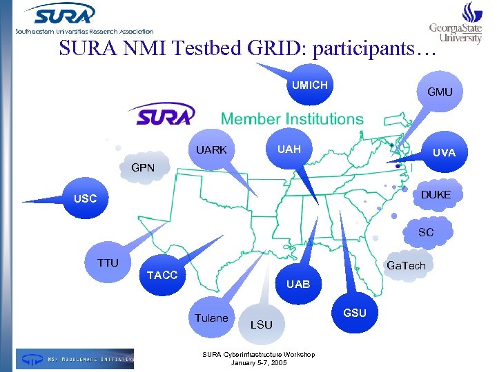 Southeastern Universities Research Association SURA NMI Testbed GRID: participants… UMICH GMU UAH UARK UVA
