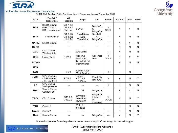 Southeastern Universities Research Association SURA Cyberinfrastructure Workshop January 5 -7, 2005 