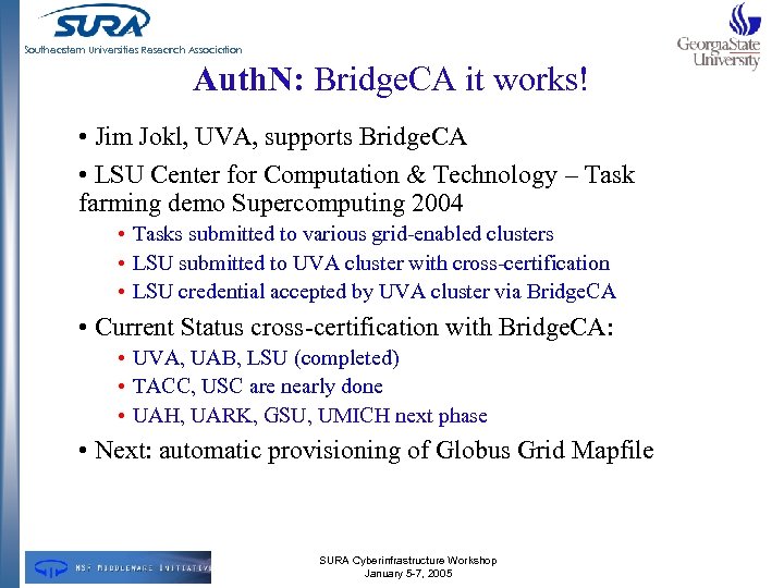 Southeastern Universities Research Association Auth. N: Bridge. CA it works! • Jim Jokl, UVA,