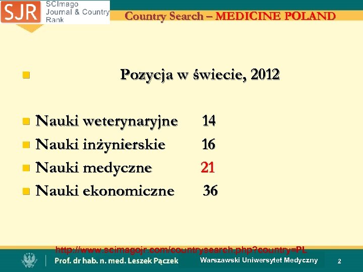 Country Search – MEDICINE POLAND n Pozycja w świecie, 2012 Nauki weterynaryjne n Nauki