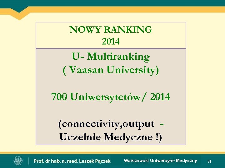 NOWY RANKING 2014 U- Multiranking ( Vaasan University) 700 Uniwersytetów/ 2014 (connectivity, output Uczelnie