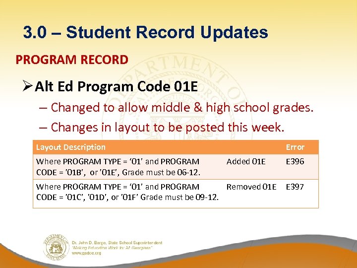 3. 0 – Student Record Updates PROGRAM RECORD Ø Alt Ed Program Code 01