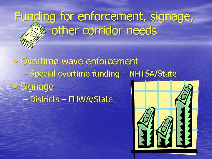 Funding for enforcement, signage, other corridor needs • Overtime wave enforcement – Special overtime