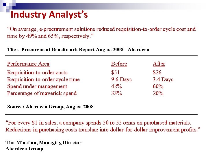 Industry Analyst’s “On average, e-procurement solutions reduced requisition-to-order cycle cost and time by 49%