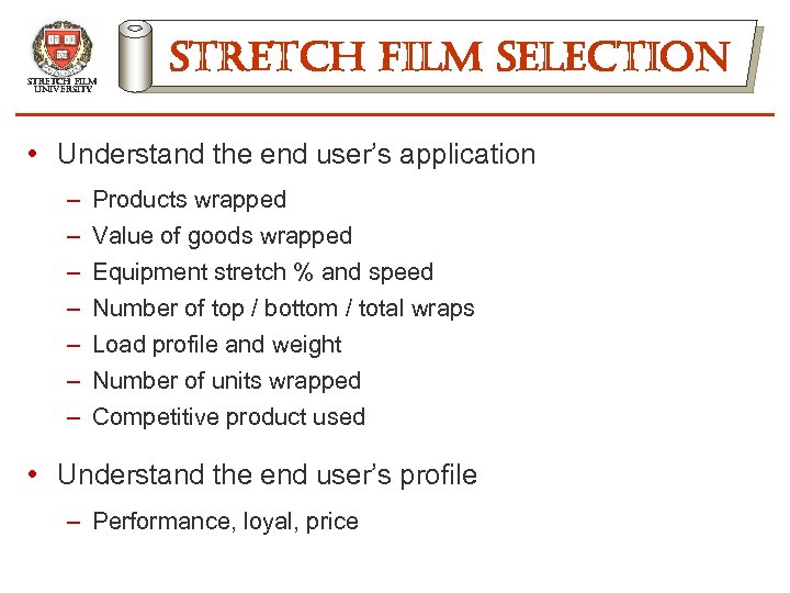 stretch film university stretch film selection • Understand the end user’s application – –