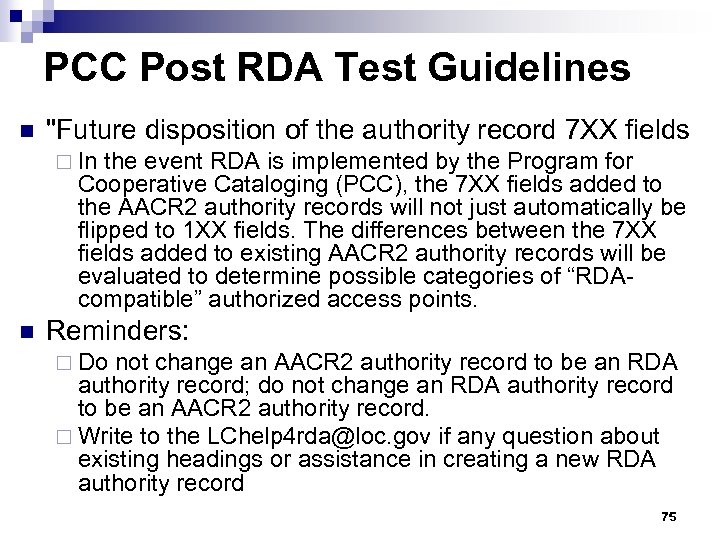 PCC Post RDA Test Guidelines n 