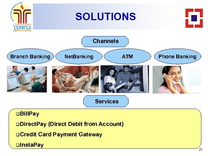SOLUTIONS Channels Branch Banking Net. Banking ATM Phone Banking Services q. Bill. Pay q.