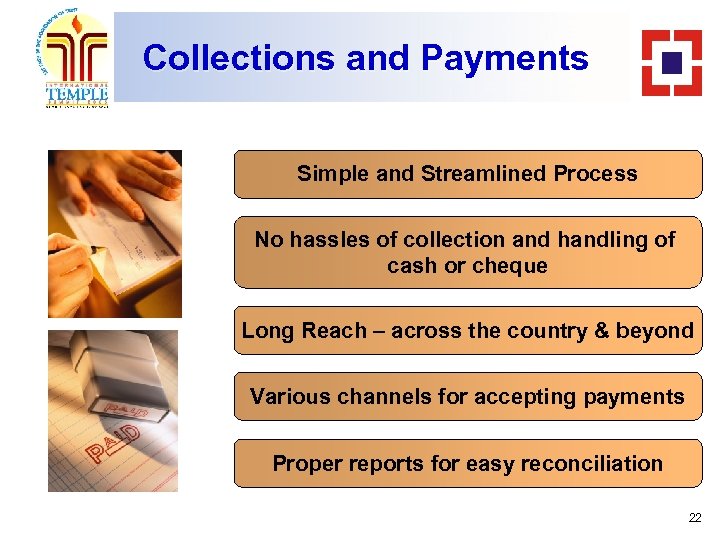 Collections and Payments Simple and Streamlined Process No hassles of collection and handling of