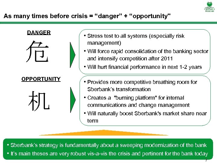 As many times before crisis = “danger” + “opportunity" DANGER • Stress test to