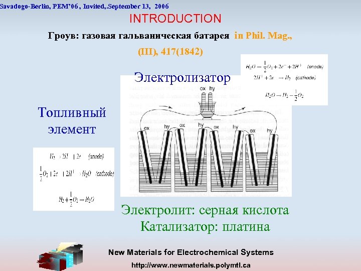 Savadogo-Berlin, PEM’ 06 , Invited, . September 13, 2006 INTRODUCTION Гроув: газовая гальваническая батарея
