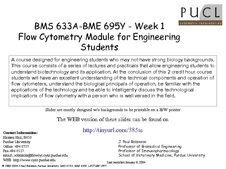 BMS 633 A-BME 695 Y - Week 1 Flow Cytometry Module for Engineering Students