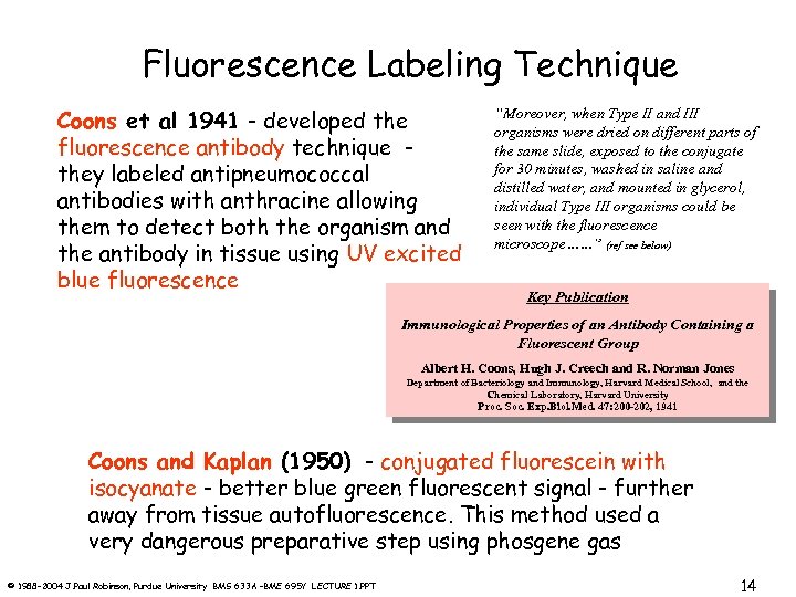 Fluorescence Labeling Technique Coons et al 1941 - developed the fluorescence antibody technique they