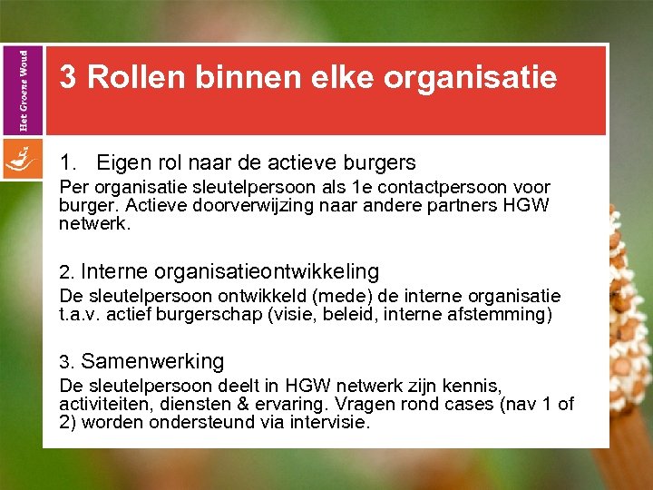 3 Rollen binnen elke organisatie 1. Eigen rol naar de actieve burgers Per organisatie