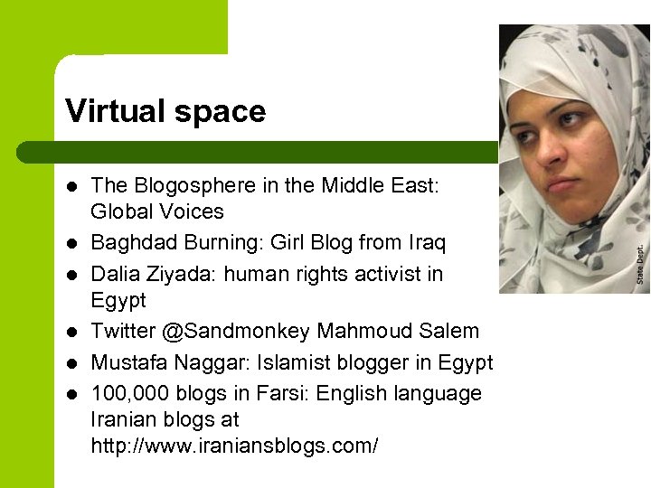 Virtual space l l l The Blogosphere in the Middle East: Global Voices Baghdad