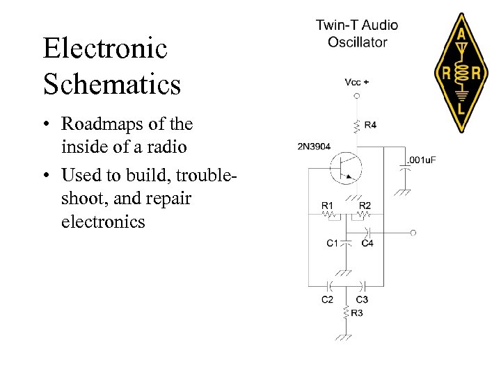 Electronic Schematics • Roadmaps of the inside of a radio • Used to build,