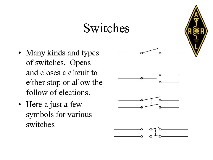 Switches • Many kinds and types of switches. Opens and closes a circuit to